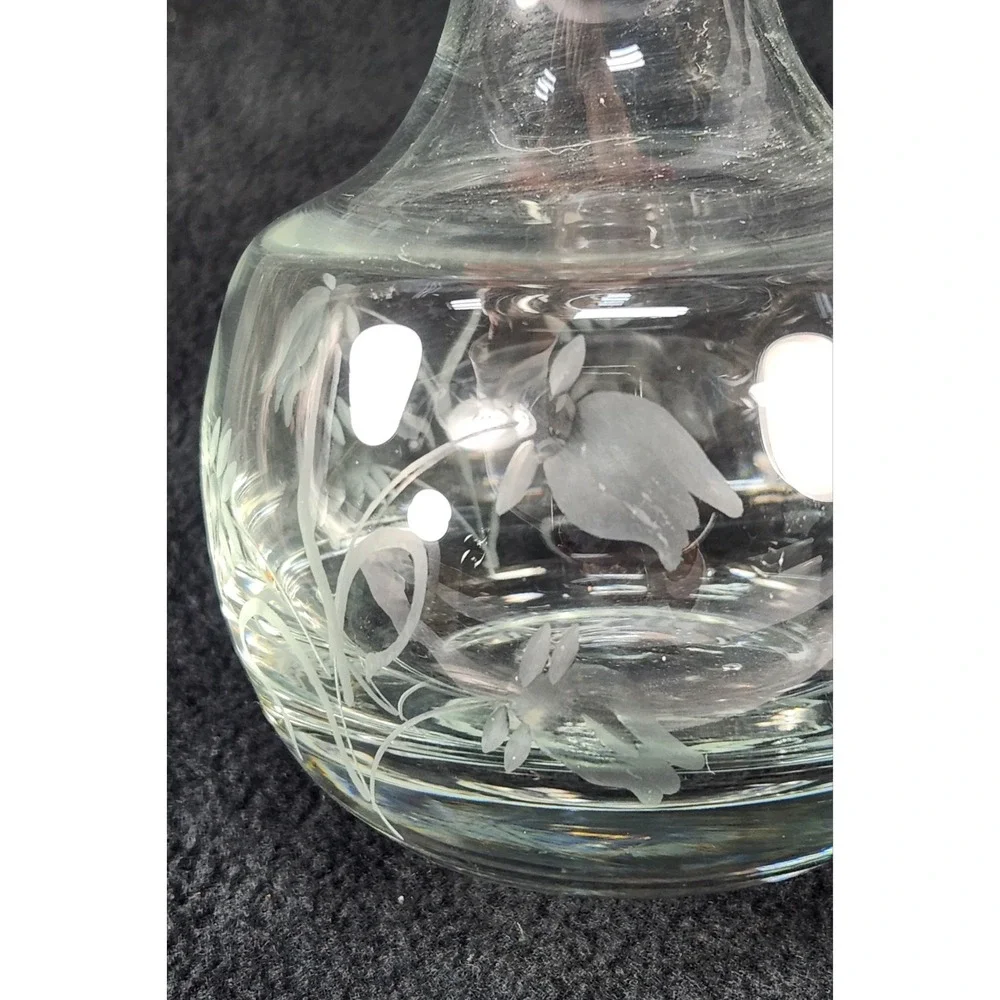 Vtg Danish Design Glass Decanter W/ Stopper Etched Floral Clear Made in Romania